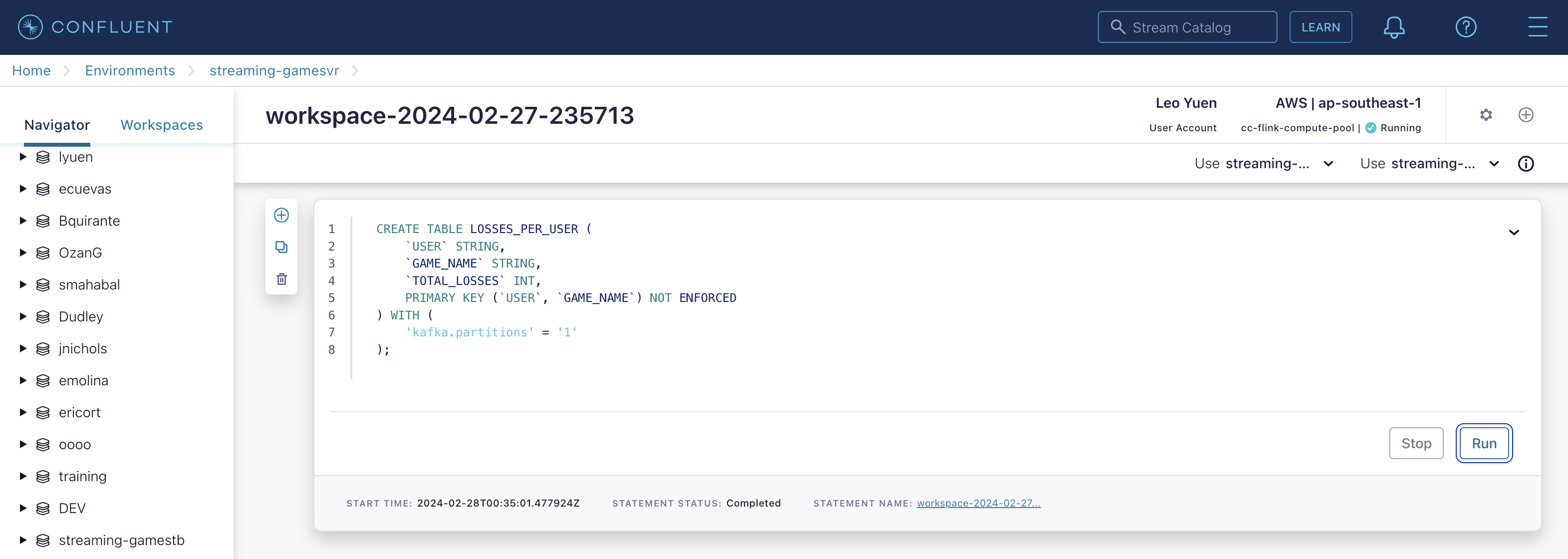 create table losses per user