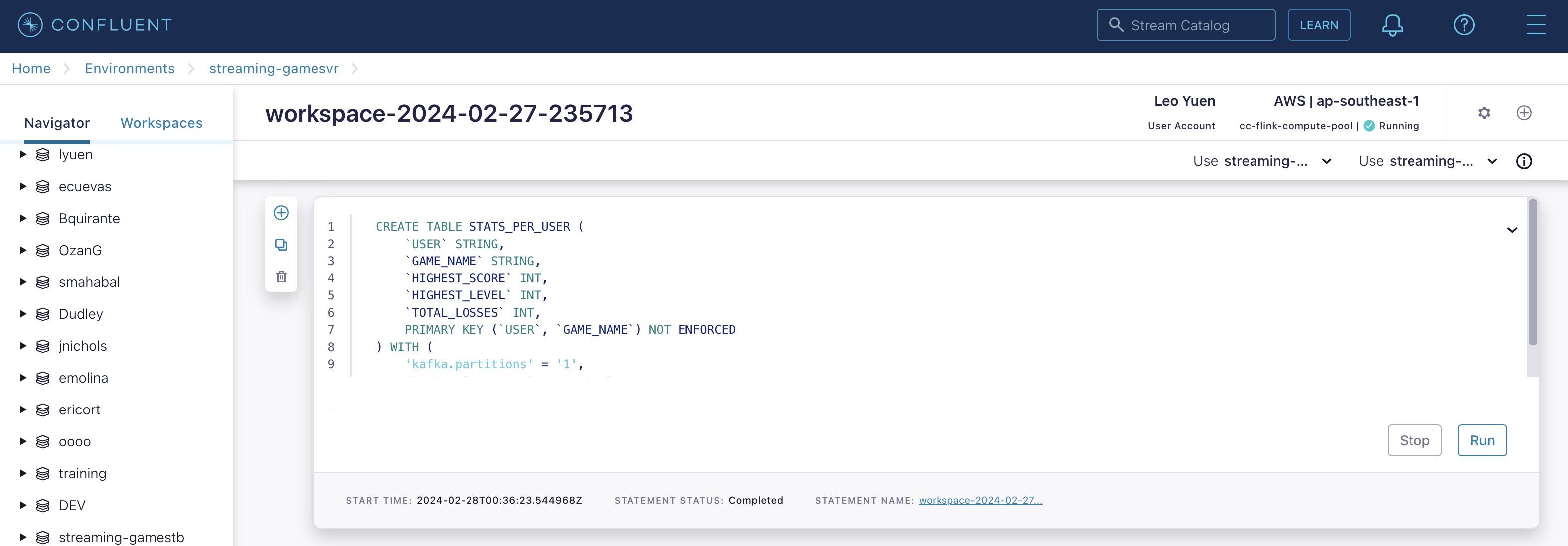 create table stats per user